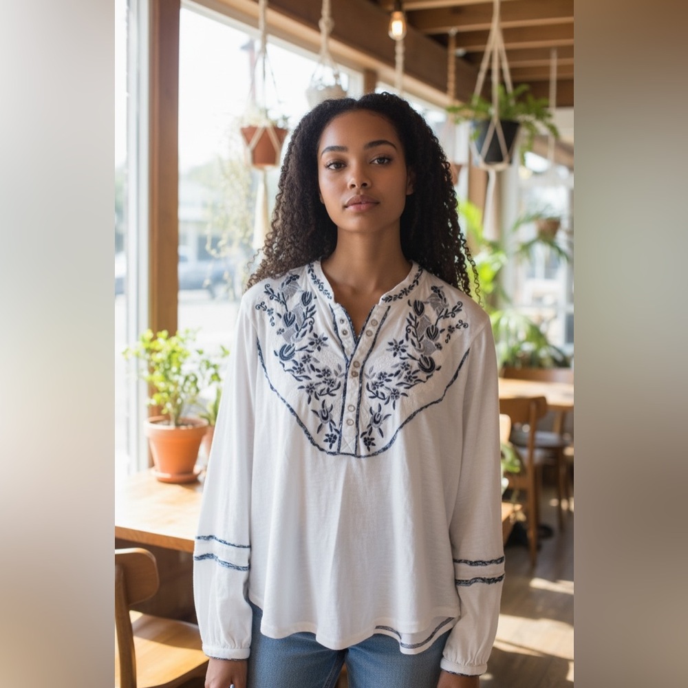 Free People White Embroidered Puff Sleeve Shirt - Picture 2 of 9